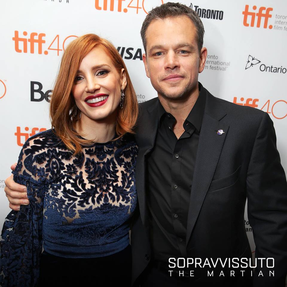 Matt Damon e Jessica Chastain alla premiere del film a Toronto. (Fonte: Facebook Ufficiale di Sopravvissuto - The Martian)