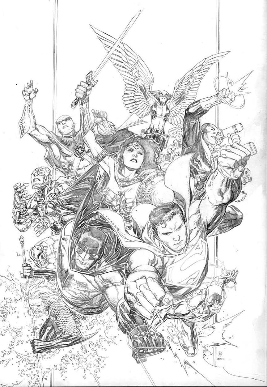 Justice League #1, copertina (matite) di Jim Cheung