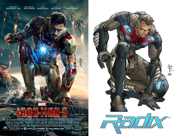 Locandina Iron Man 3 e un'immagine di Radix 