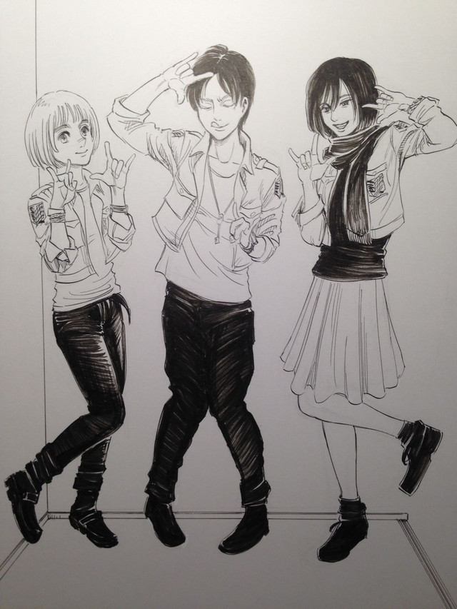 Yui Ishikawa (Mikasa Ackerman), Marina Inoue (Armin Arlert) e Yuuki Kaji (Eren Jaeger) disegno