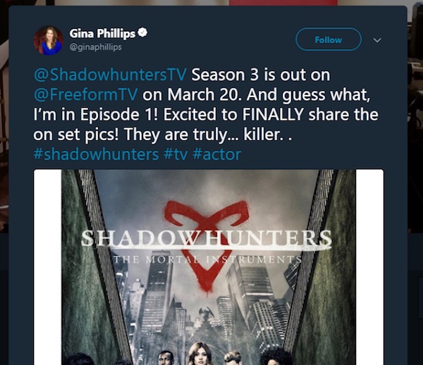 Gina Phillips tweet Shadowhunters