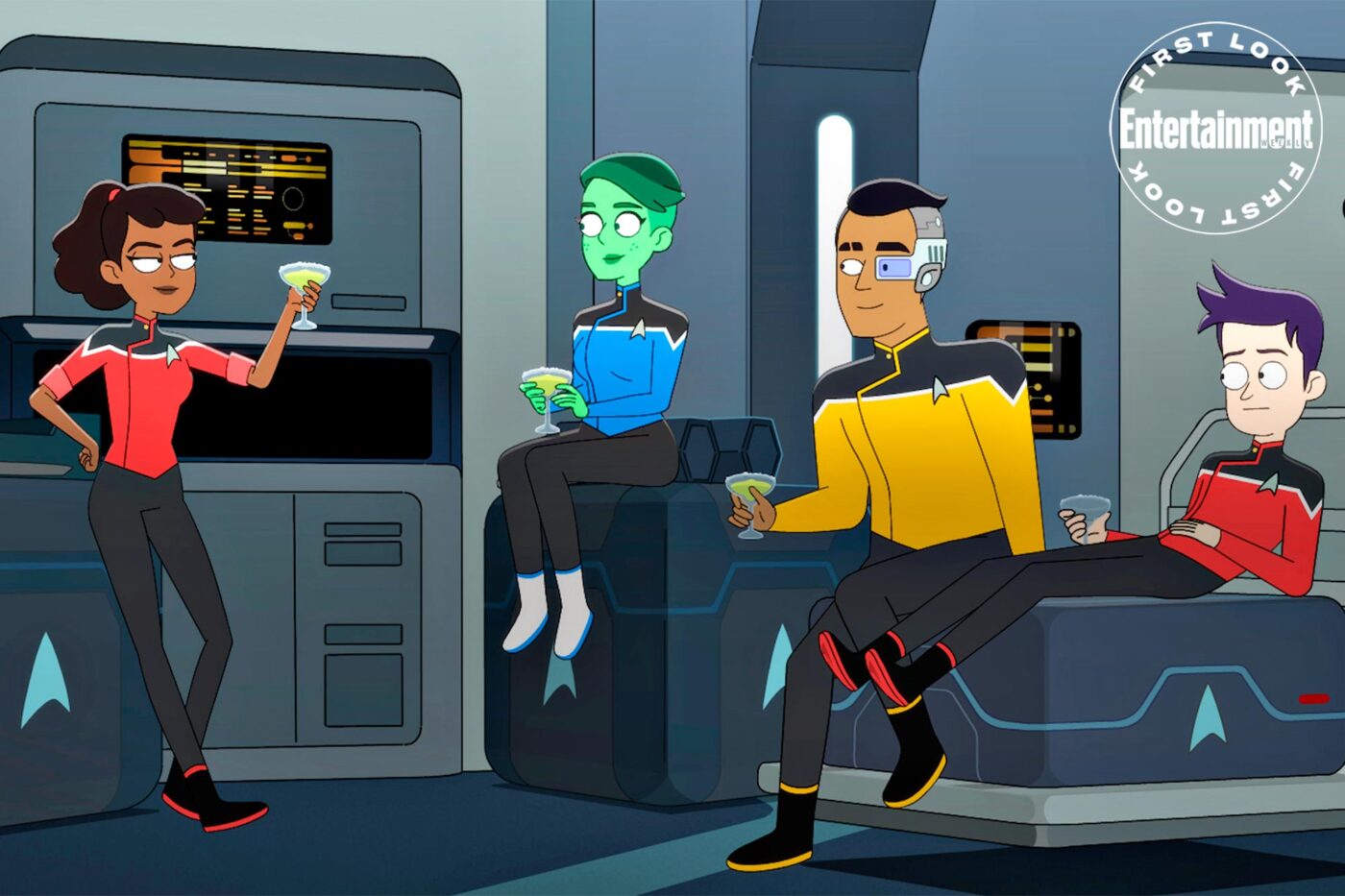 Lower Decks Pictured (l-r): Tawny Newsome as Ensign Mariner, Noel Wells as Ensign Tendi, Eugene Cordero as Ensign Rutherford, Jack Quaid as Ensign Boimler