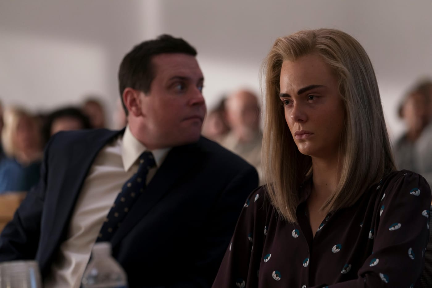 The Girl From Plainville -- “The Girl From Plainville” is inspired by the true story of Michelle Carter’s controversial “texting-suicide” case. Based on the Esquire article of the same name by Jesse Barron, the limited series explores Carter’s relationship with Conrad Roy III and the events that led to his death and, later, her controversial conviction of involuntary manslaughter. Joseph Cataldo (Michael Mosley) and Michelle Carter (Elle Fanning), shown. (Photo by: Steve Dietl/Hulu)