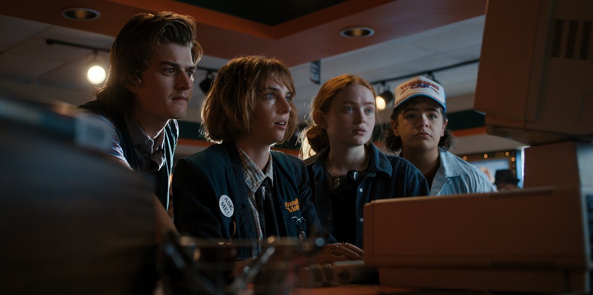 STRANGER THINGS. (L to R) Joe Keery as Steve Harrington, Maya Hawke as Robin Buckley, Sadie Sink as Max Mayfield, and Gaten Matarazzo as Dustin Henderson in STRANGER THINGS. Cr. Courtesy of Netflix © 2022