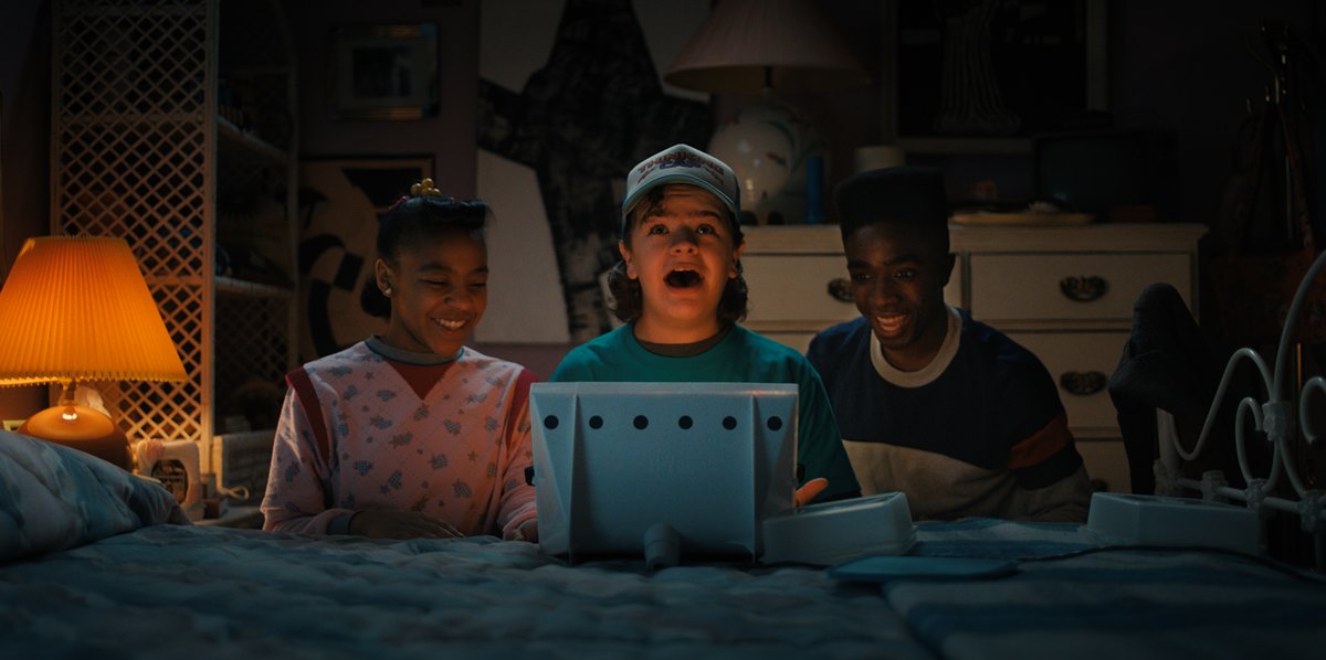 STRANGER THINGS. (L to R) Priah Ferguson as Erica Sinclair, Gaten Matarazzo as Dustin Henderson and Caleb McLaughlin as Lucas Sinclair in STRANGER THINGS. Cr. Courtesy of Netflix © 2022