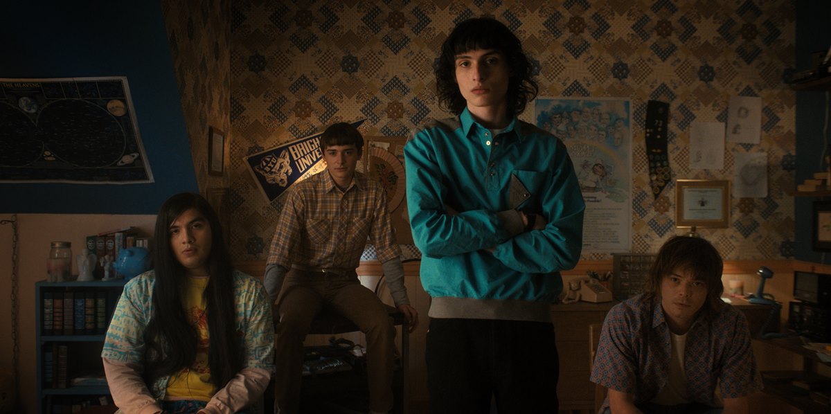 STRANGER THINGS. (L to R) Eduardo Franco as Argyle, Noah Schnapp as Will Byers, Finn Wolfhard as Mike Wheeler, and Charlie Heaton as Jonathan in STRANGER THINGS. Cr. Courtesy of Netflix © 2022