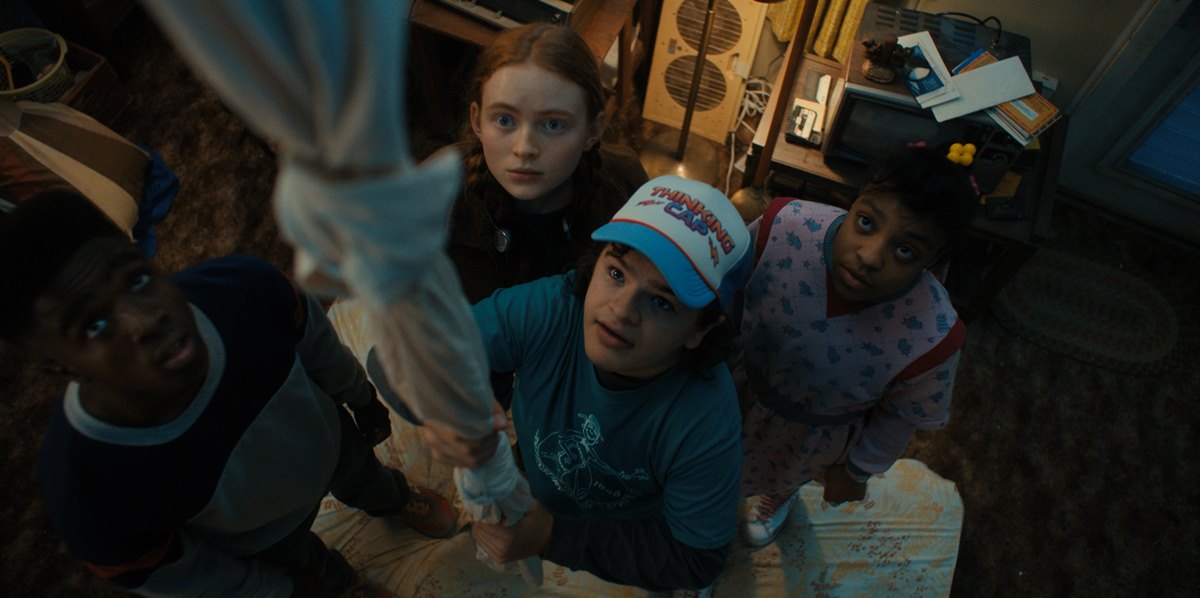 STRANGER THINGS. (L to R) Caleb McLaughlin as Lucas Sinclair, Sadie Sink as Max Mayfield, Gaten Matarazzo as Dustin Henderson, and Priah Ferguson as Erica Sinclair in STRANGER THINGS. Cr. Courtesy of Netflix © 2022