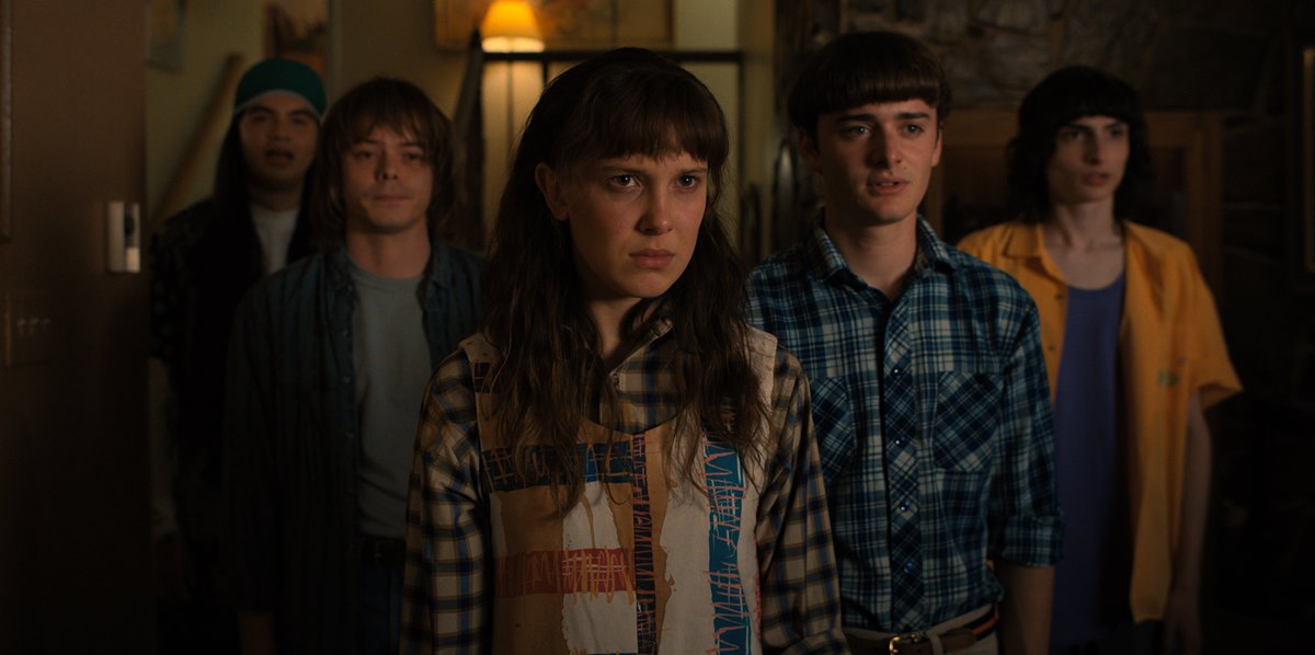 STRANGER THINGS. (L to R) Eduardo Franco as Argyle, Charlie Heaton as Jonathan, Millie Bobby Brown as Eleven, Noah Schnapp as Will Byers, and Finn Wolfhard as Mike Wheeler in STRANGER THINGS. Cr. Courtesy of Netflix © 2022