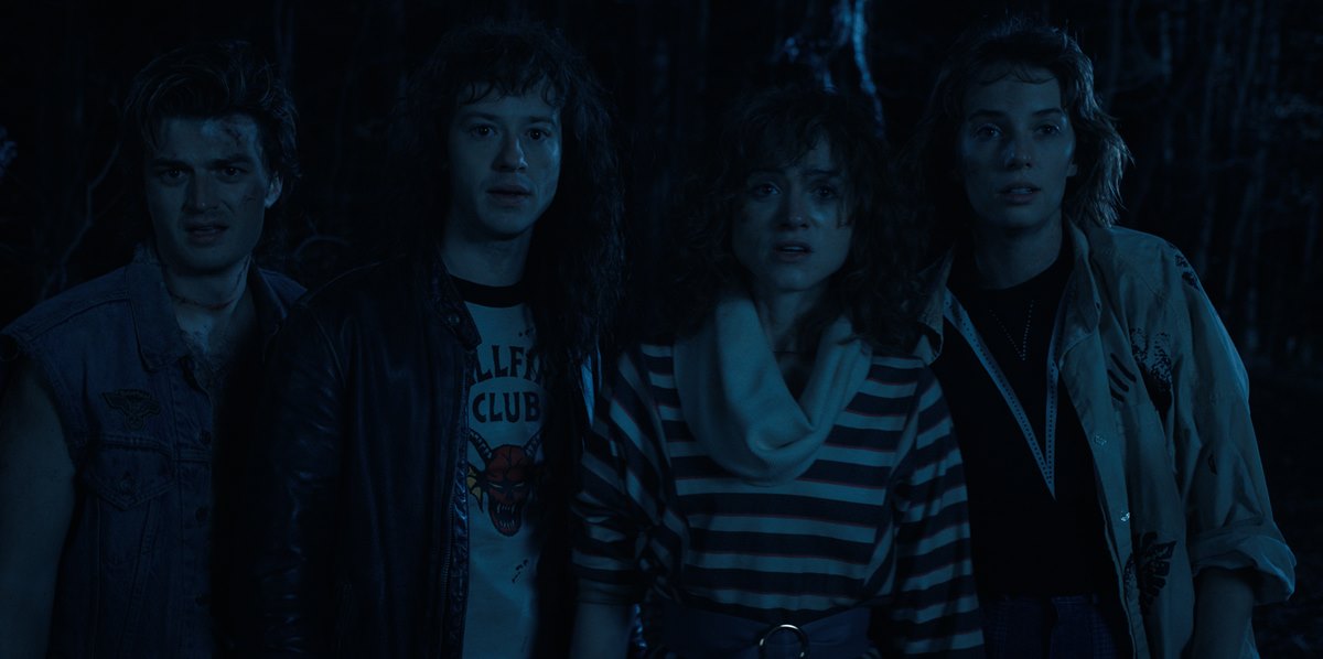 STRANGER THINGS. (L to R) Joe Keery as Steve Harrington, Joseph Quinn as Eddie Munson, Natalia Dyer as Nancy Wheeler, and Maya Hawke as Robin Buckley in STRANGER THINGS. Cr. Courtesy of Netflix © 2022