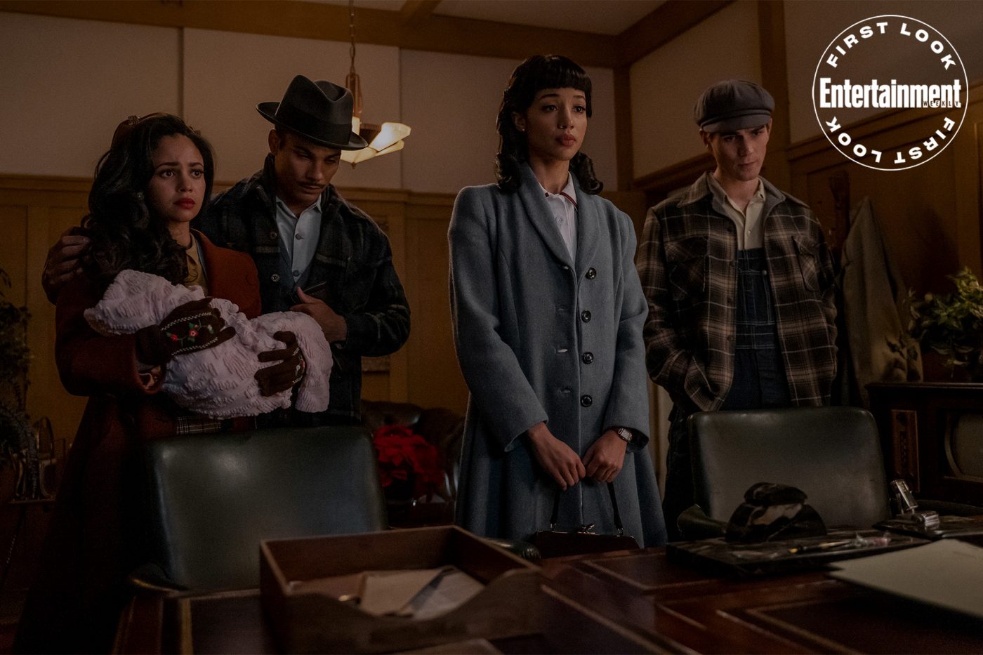 Riverdale -- “Chapter One Hundred and Six: Angels in America” -- Image Number: RVD611a_0041r -- Pictured (L - R): Vanessa Morgan as Toni Topaz, Drew Ray Tanner as Fangs Fogarty, Erinn Westbrook as Tabitha Tate and KJ Apa as Archie Andrews -- Photo: Colin Bentley/The CW -- © 2022 The CW Network, LLC. All Rights Reserved.